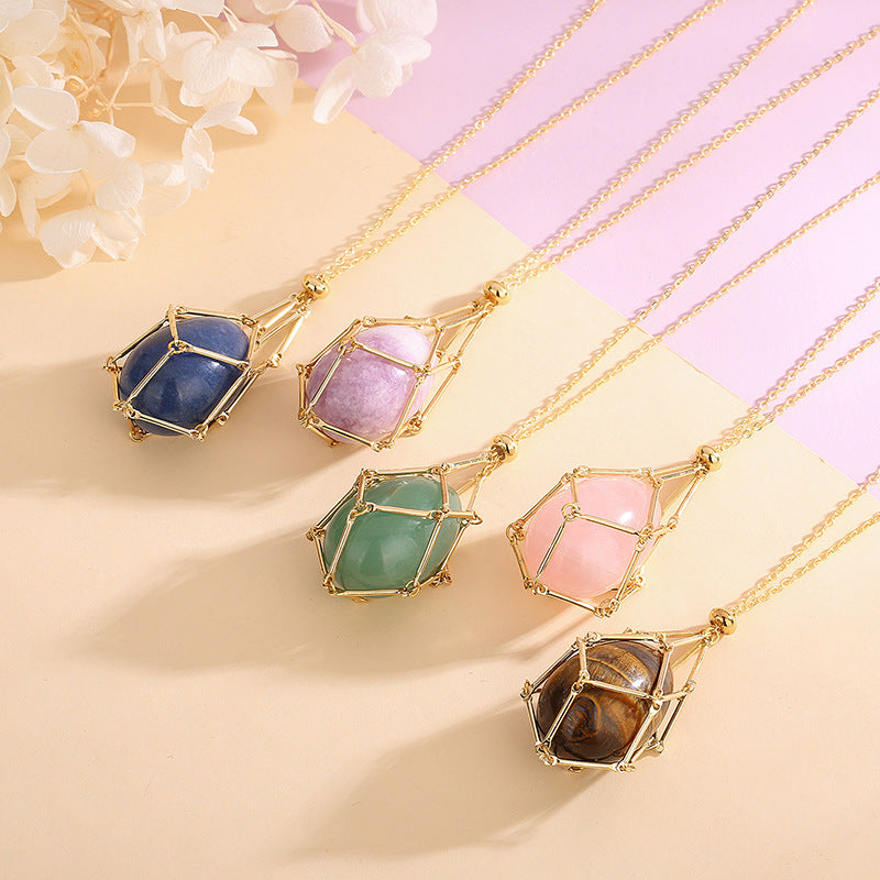 Five necklaces with geometric stone pendants on a pastel background